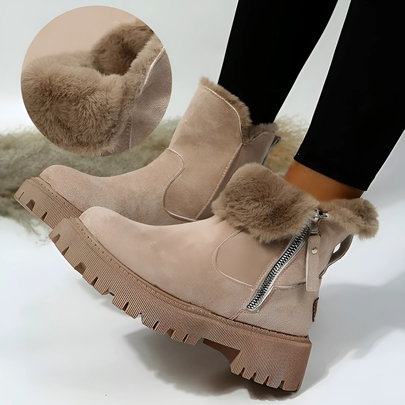 Women's black thick plush snow boots with side zipper and faux suede upper on a non-slip rubber sole.