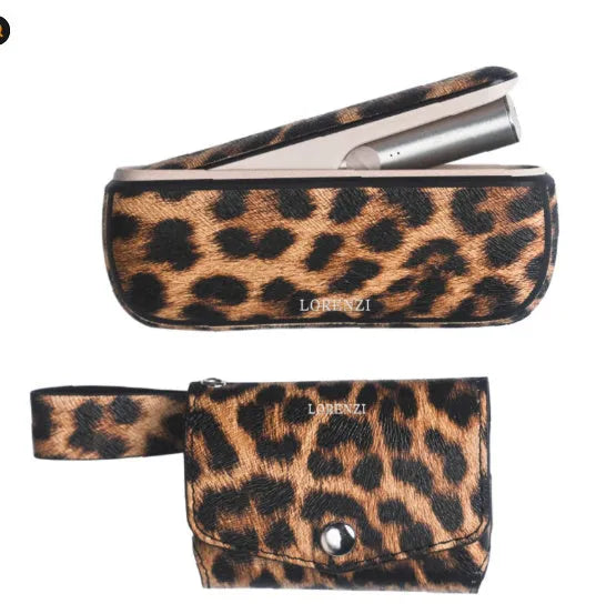 Leopard print and yellow vegan leather protective storage bags with a front zip pocket.