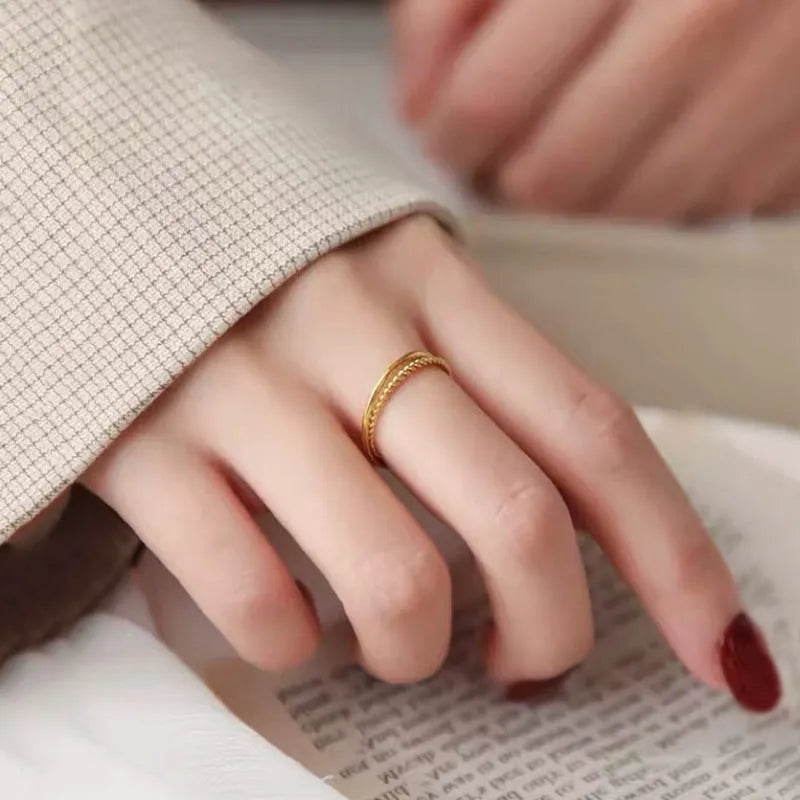 Brass gold plated simple bracelet ring shown in glossy, matte, and twist styles.