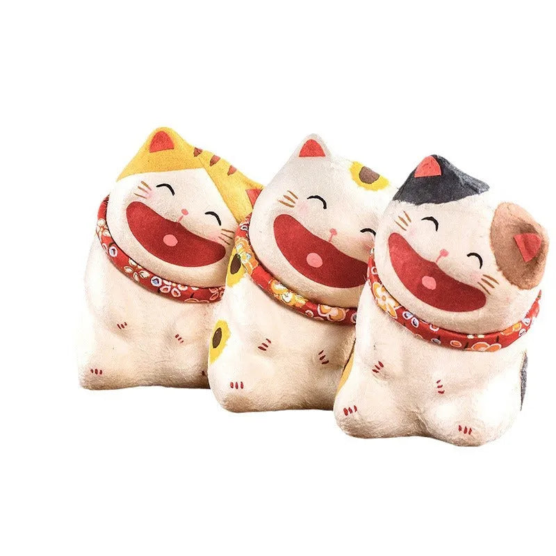 Handmade Japanese paper lucky cat figurine in Sanmao, tiger skin, or spotted cat style for car desk or home decoration