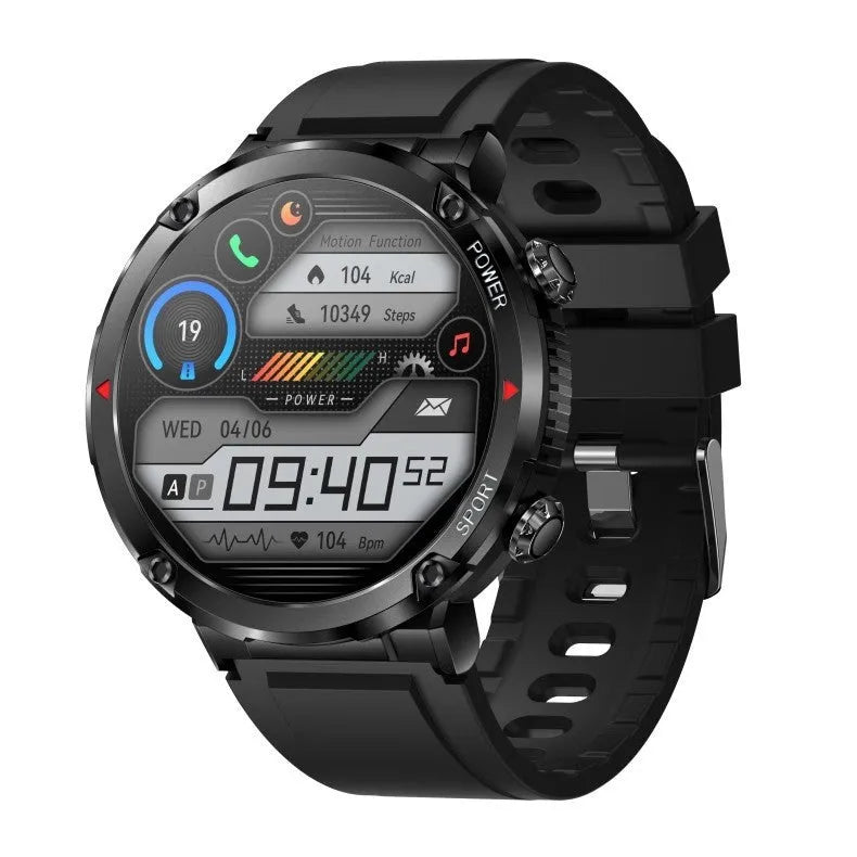 T30 Smart Watch with black silicone strap showing time and health metrics on its IPS screen.
