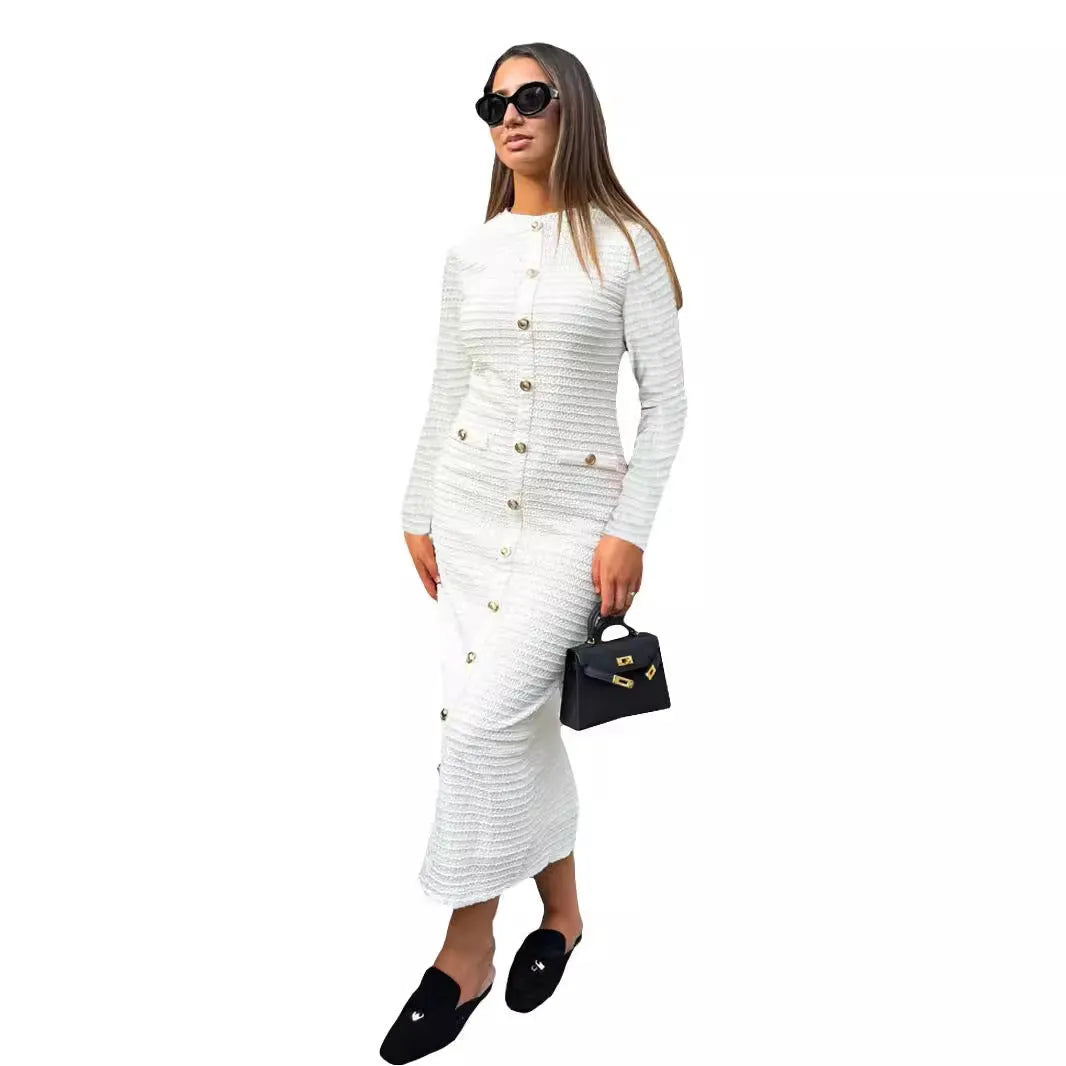 French retro slim fit long-sleeved knitted dress with button detail, shown in black and white colour options.