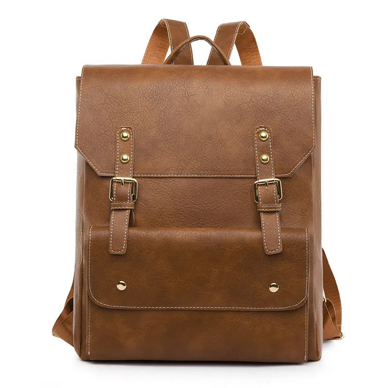 Korean style retro backpack in brown colour showing ventilation back panel and soft PU construction