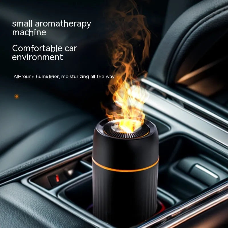 Car aroma diffuser with flame simulation effect showing black and white colour options