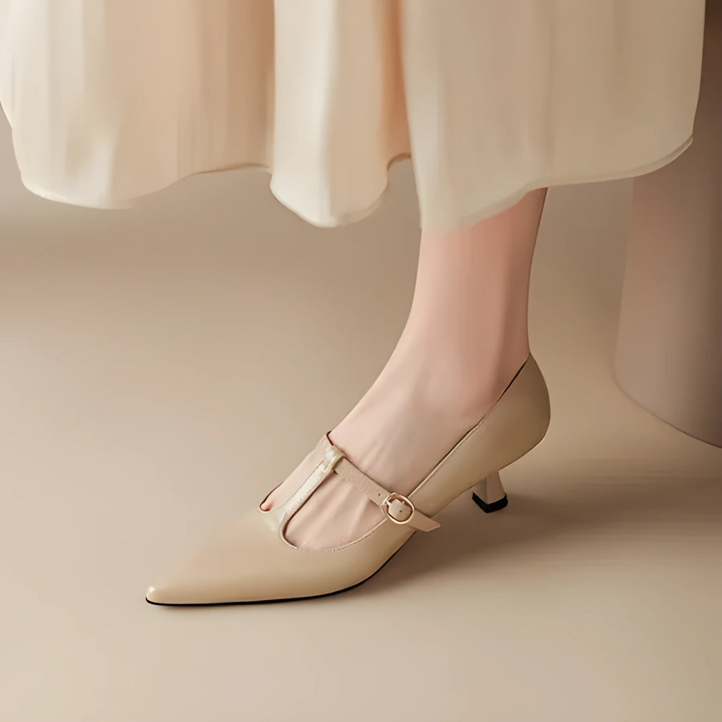 Women's authentic leather square toe high heel shoes in black, apricot, and red colours with 6-8cm heel