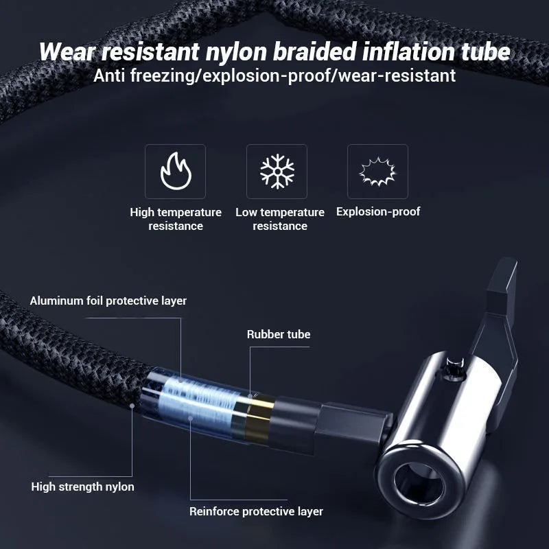 Small black wireless digital tyre inflator pump with screen, hose, and four air nozzles on a grey background.