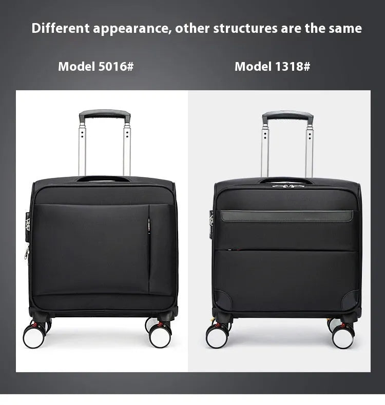 Black 18-inch Oxford cloth carry-on suitcase with retractable handle and four spinner wheels on airport floor.