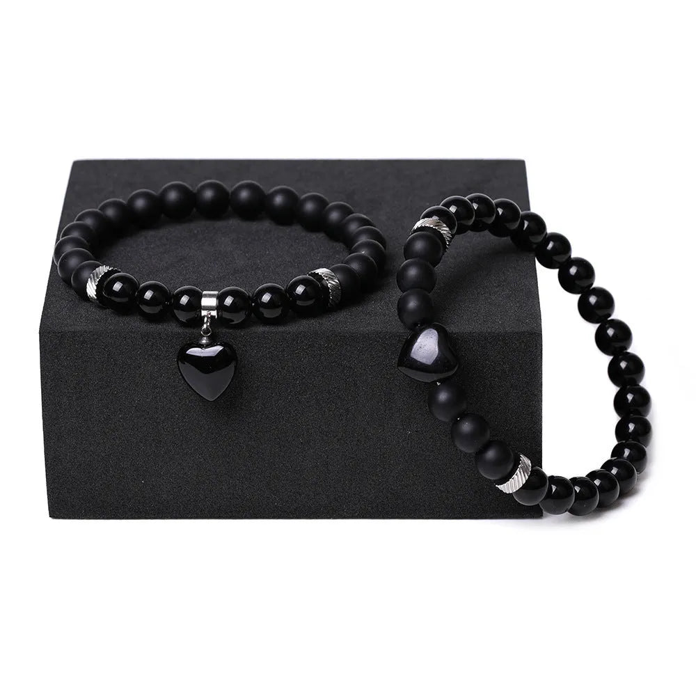Natural stone couple matching bracelets with polished heart pendants in multiple colour variations