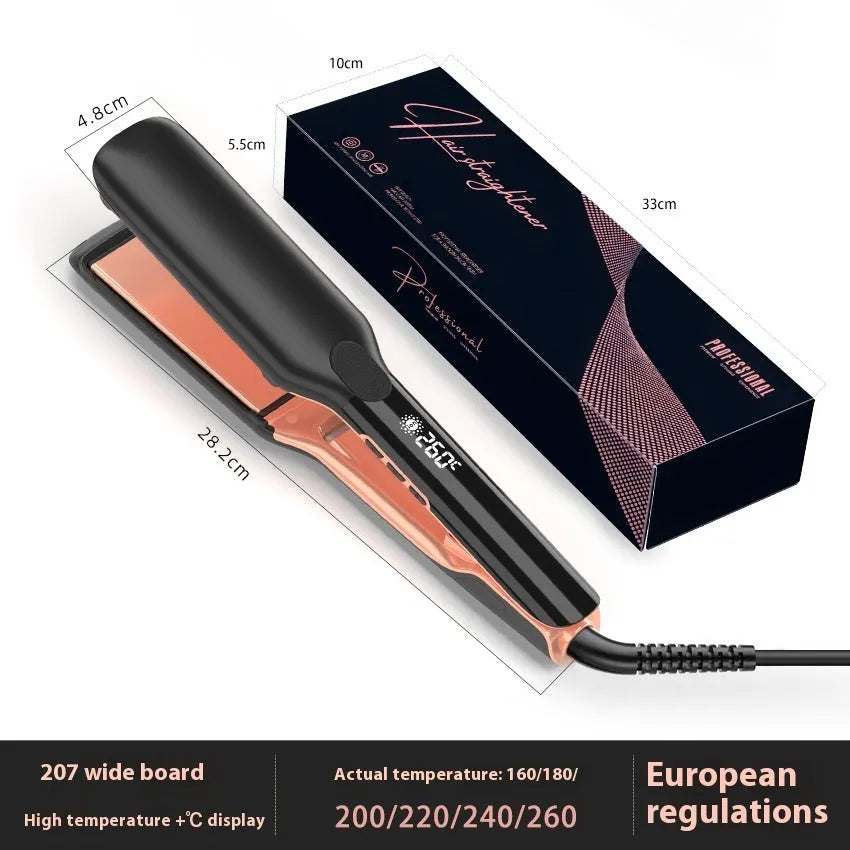 Anion hair straightener with ceramic plates showing temperature display and EU plug