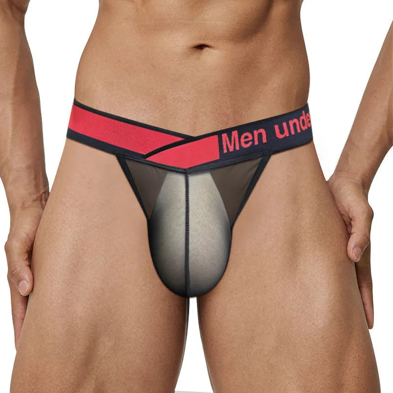 Men's red ice silk nylon briefs with a large V gradient design and high fork cut on a white background.
