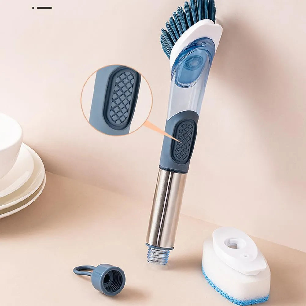 Multifunctional kitchen cleaning brush with built-in soap dispenser and long handle