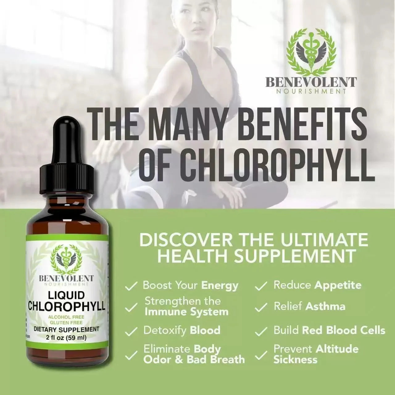 A 60ml bottle of natural liquid chlorophyll drops for adult dietary supplementation.