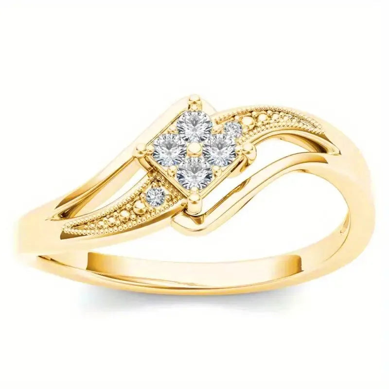 Copper diamond geometric women's ring with micro inlaid zircon details in yellow gold finish