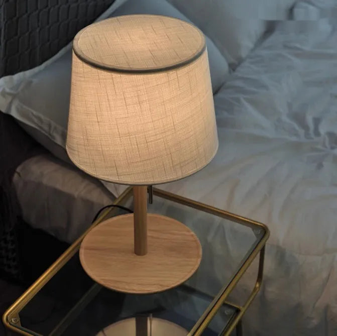 Walnut wood desk lamp with fabric shade and cable switch