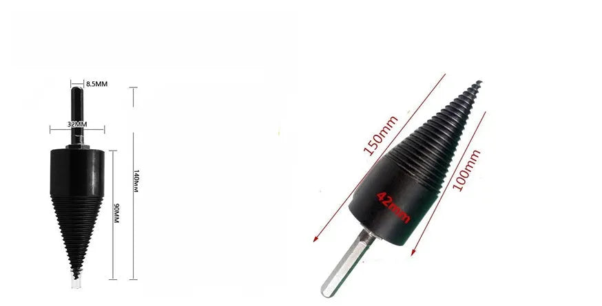 Hexagonal steel firewood splitting drill bit in 32mm and 42mm sizes for electric drills.