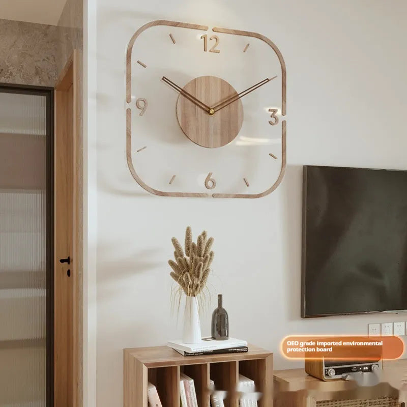 Transparent wooden frame modern wall clock 35cm with wooden shell for living room or office