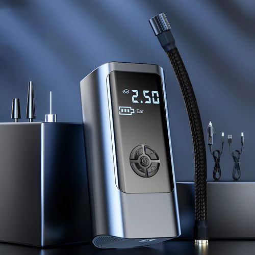Black ABS portable car tyre inflator pump with 60W power and wireless charging base