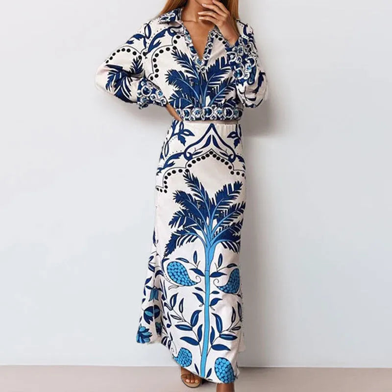 Women's early spring casual fashion set featuring a long sleeve top and long skirt in picture colour