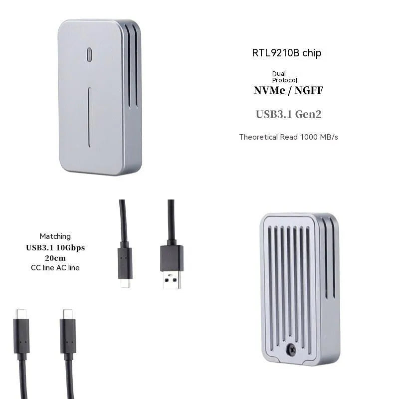 Compact aluminium alloy M.2 NVMe SSD external enclosure for 10Gbps data transfer.