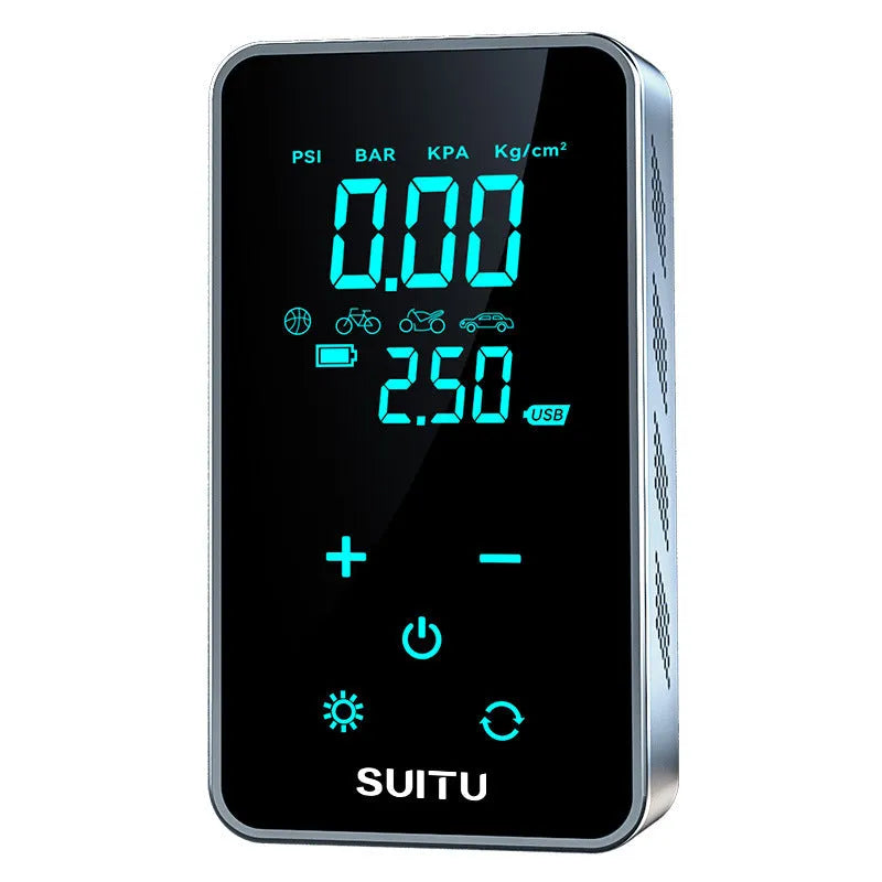 ST-9616C portable wireless car tyre inflator with LCD screen and black hose on a grey background.