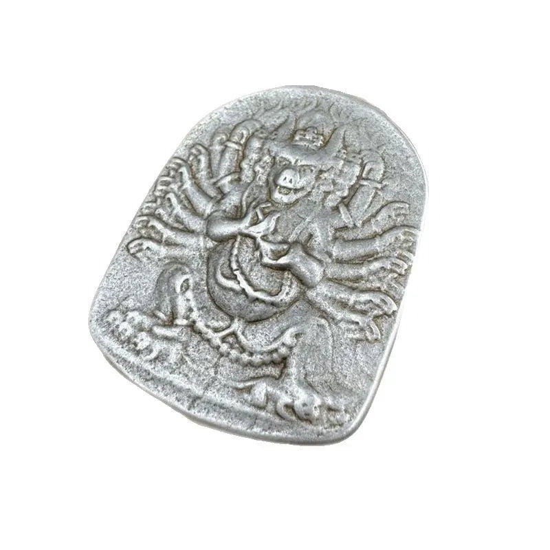 Iron metal hanging pendant with Chinese-style Aryaacalanatha Yamantaka geometry design.