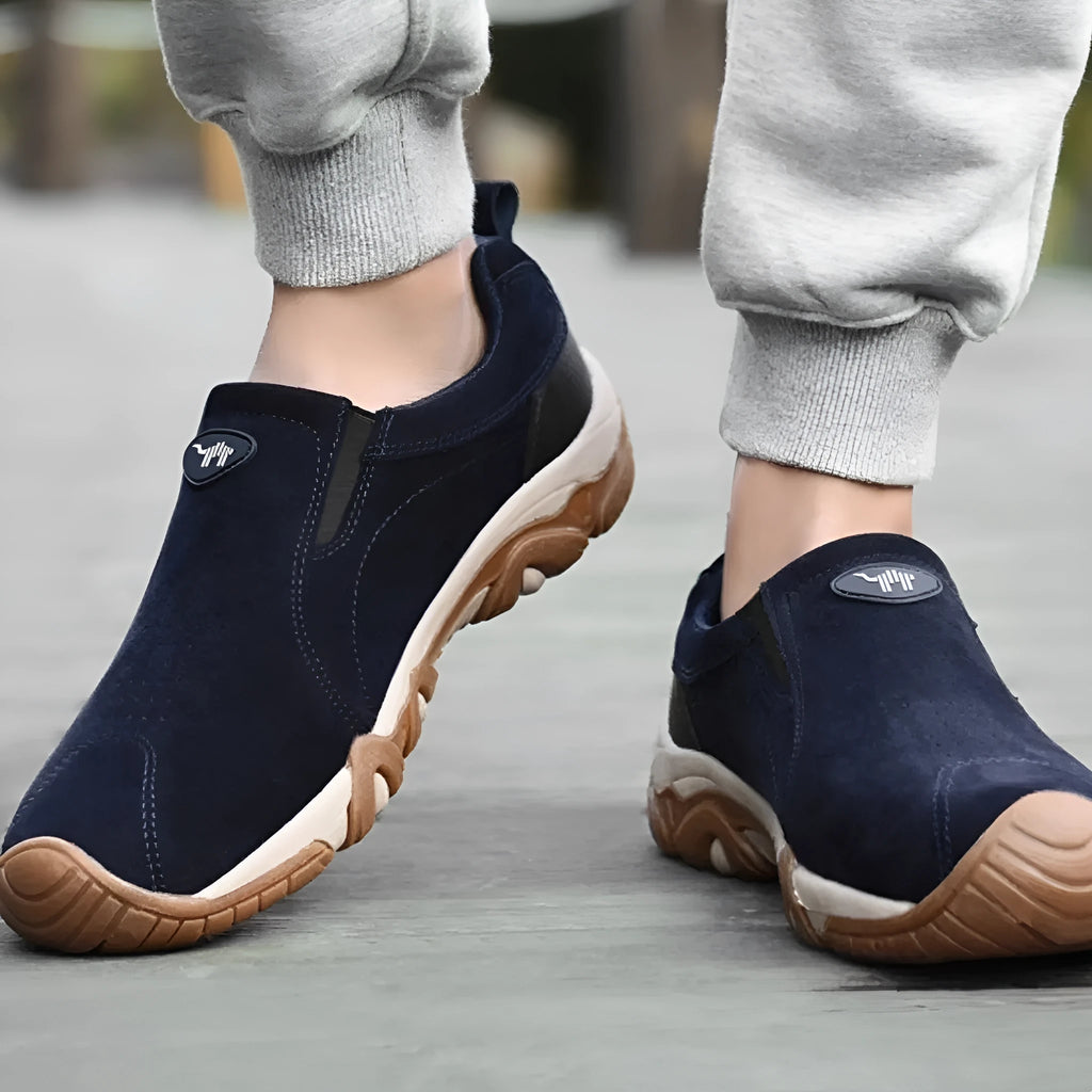Men's plus size casual shoe in suede with mesh lining and soft rubber sole, shown in grey colour.