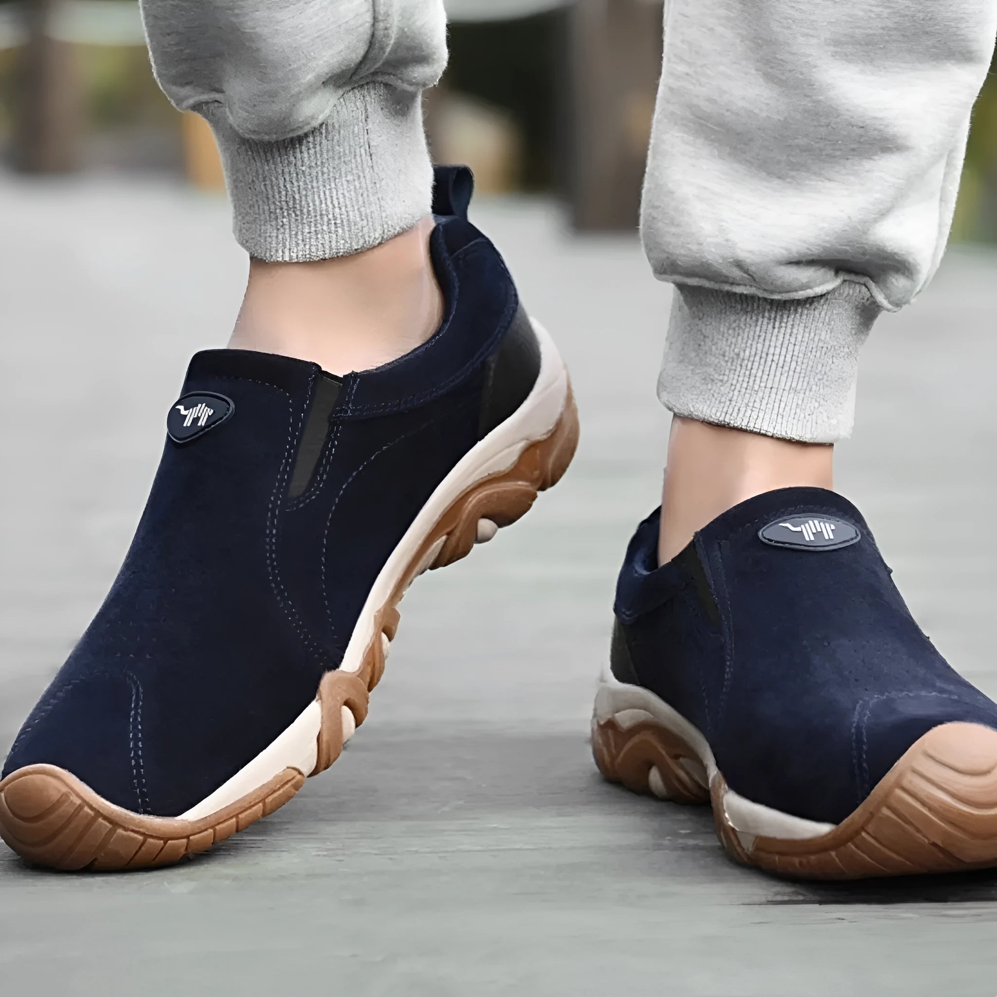 Men's plus size casual shoe in suede with mesh lining and soft rubber sole, shown in grey colour.