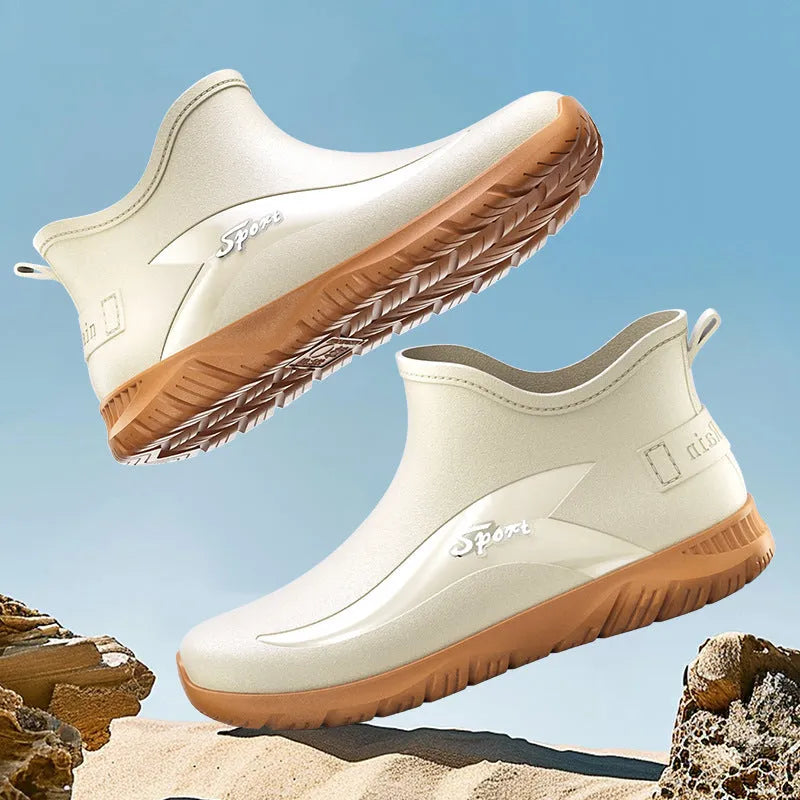 Men's PVC non-slip flat heel short rubber boots in solid colours