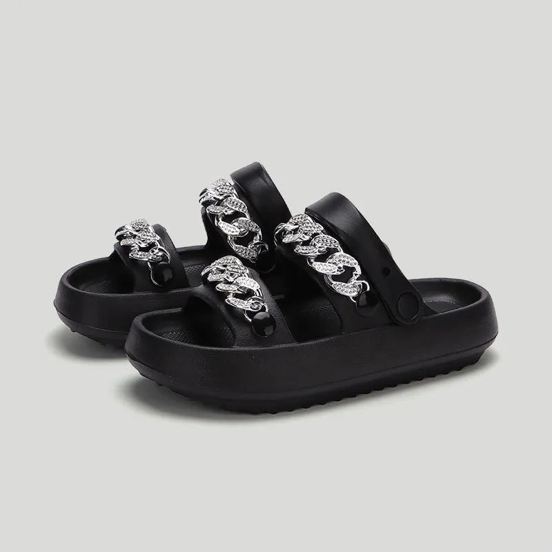 Chains thick-soled EVA slippers for women in beige with buckle closure and round toe