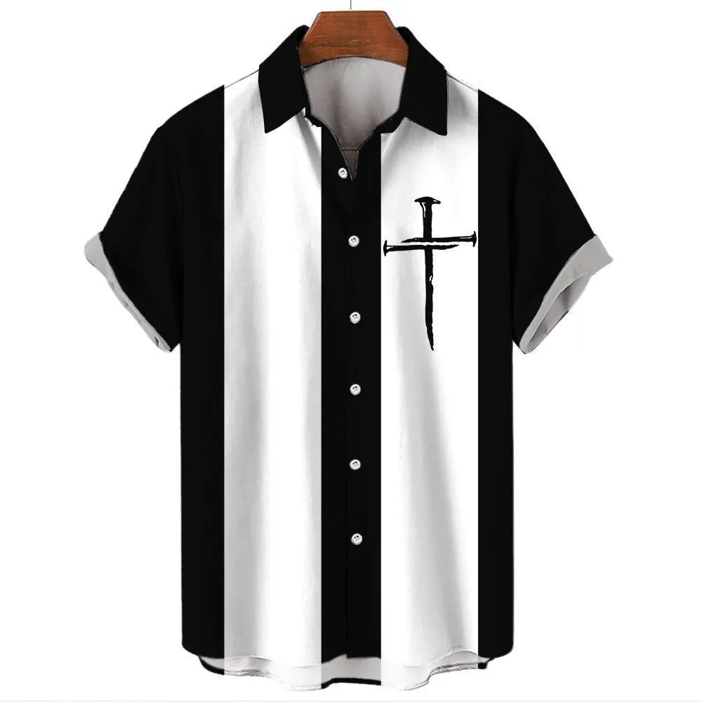 Man wearing a striped short sleeve Hawaiian shirt with button front.