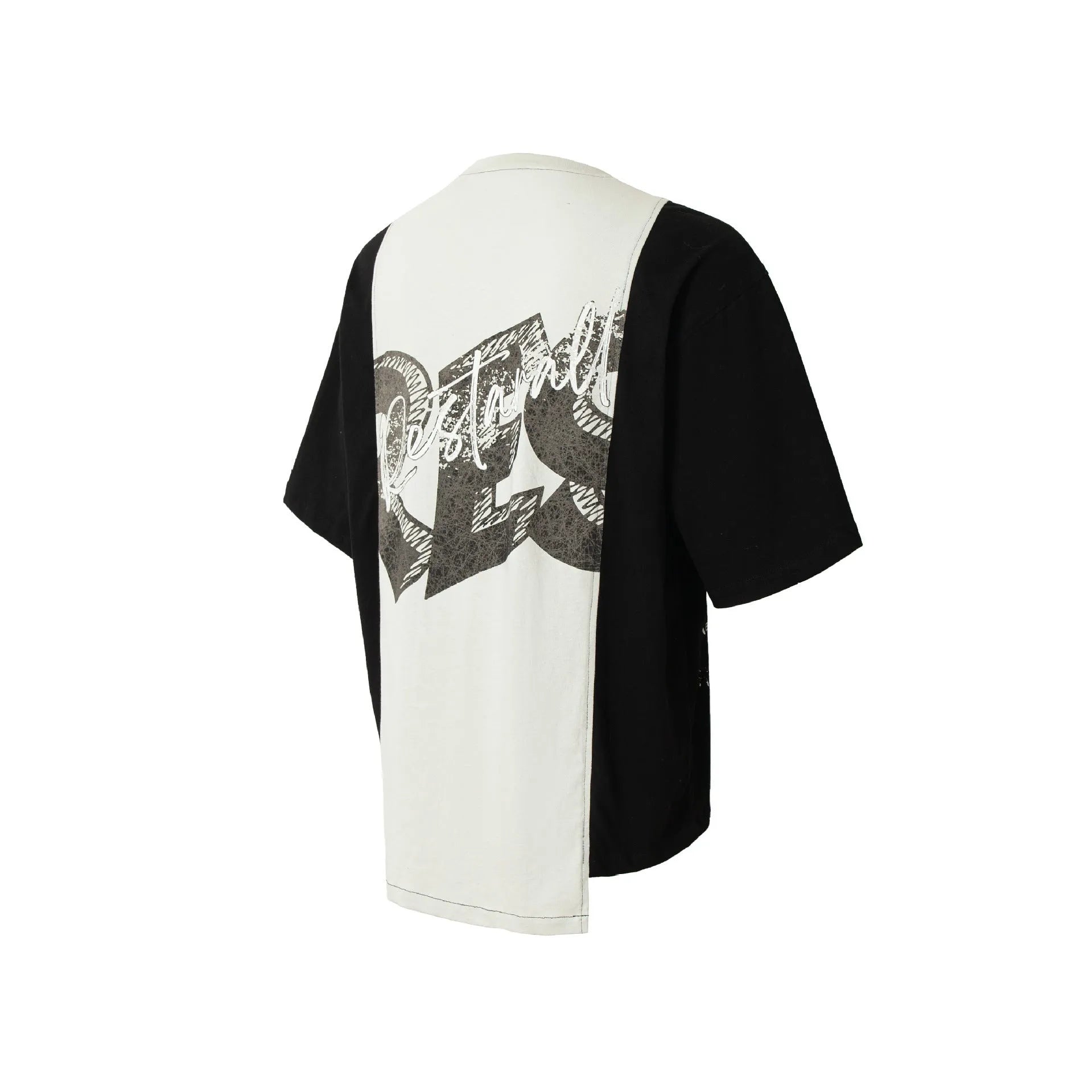 Mens black and white broken collage deconstruction printed cotton blend t-shirt with loose fit short sleeves