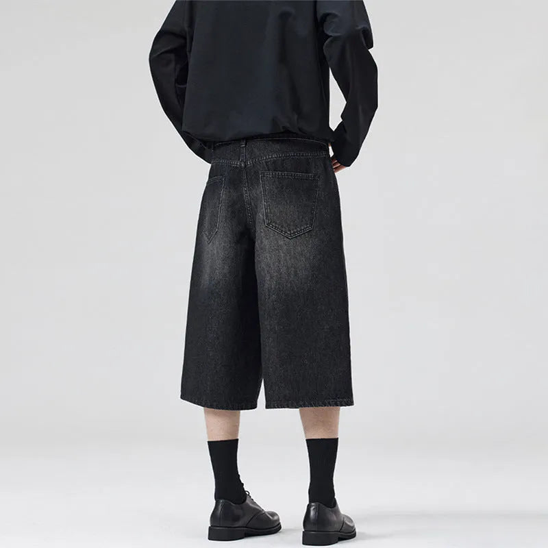 Men's cotton denim straight-leg summer shorts in loose cropped fit available in multiple colours