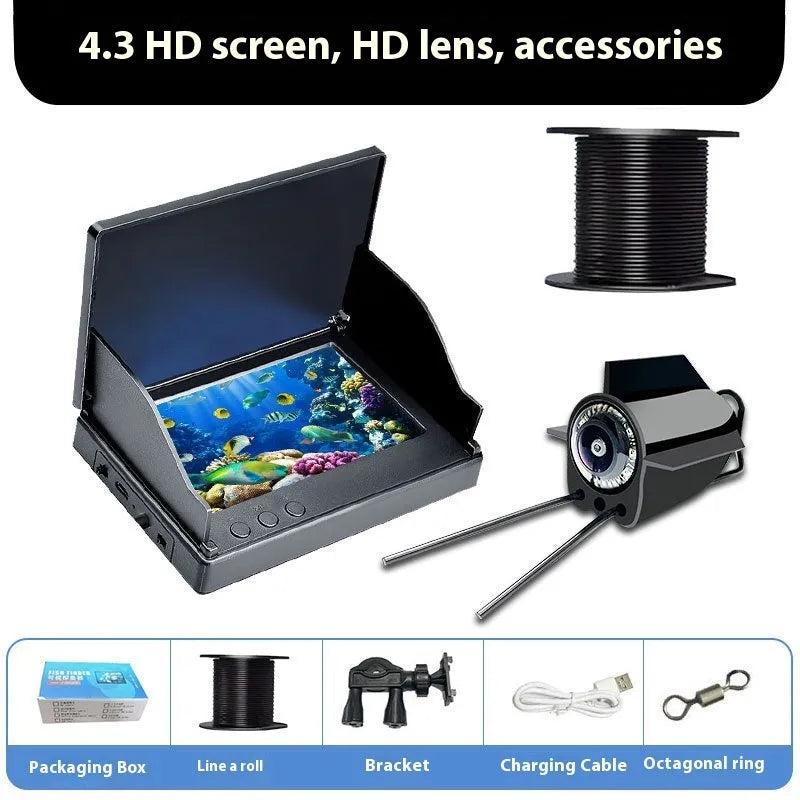 HD underwater fishing camera with screen, temperature sensor, and night vision lights on a cable.