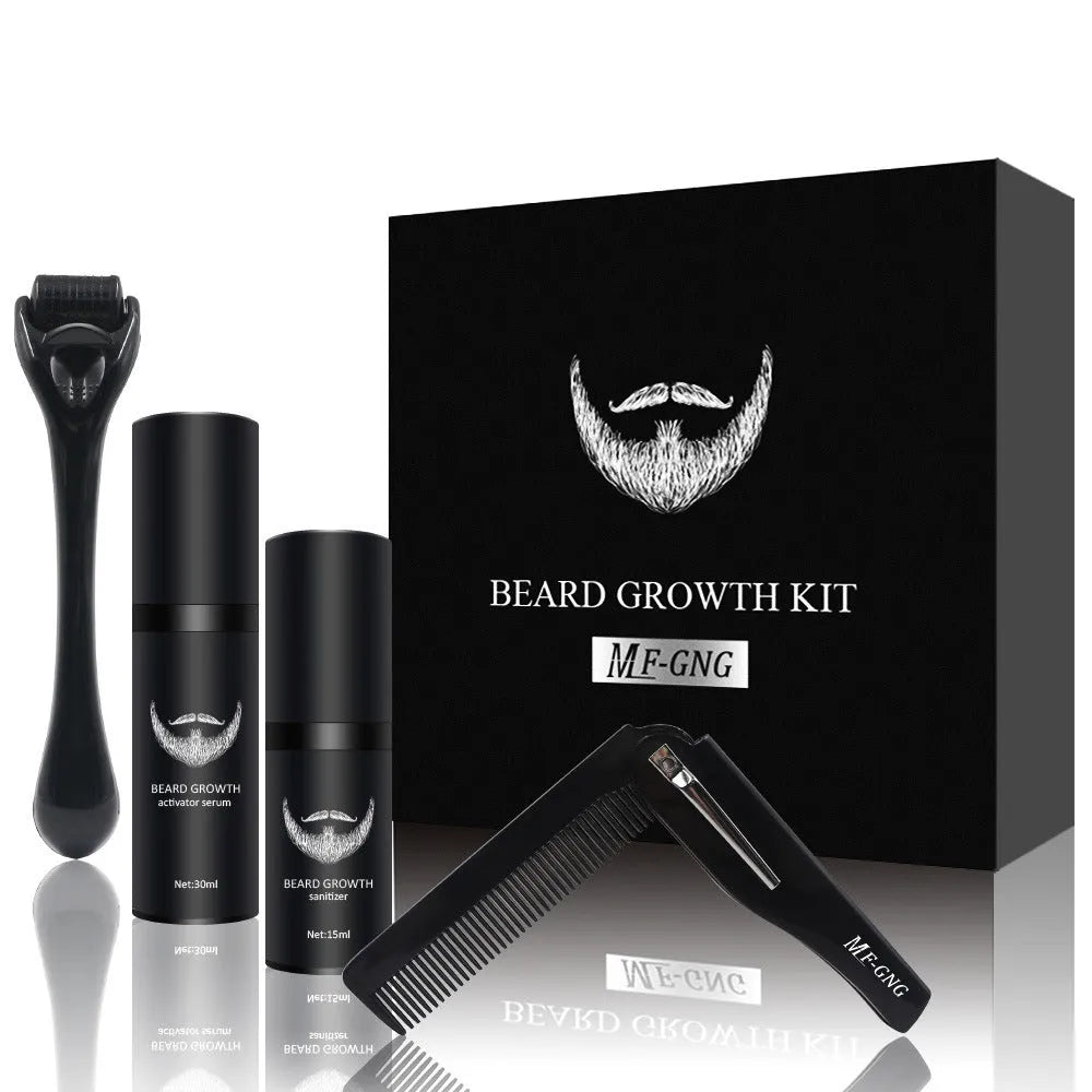Men's beard grooming kit with beard roller and SPF50 moisturising formula in Suit series packaging
