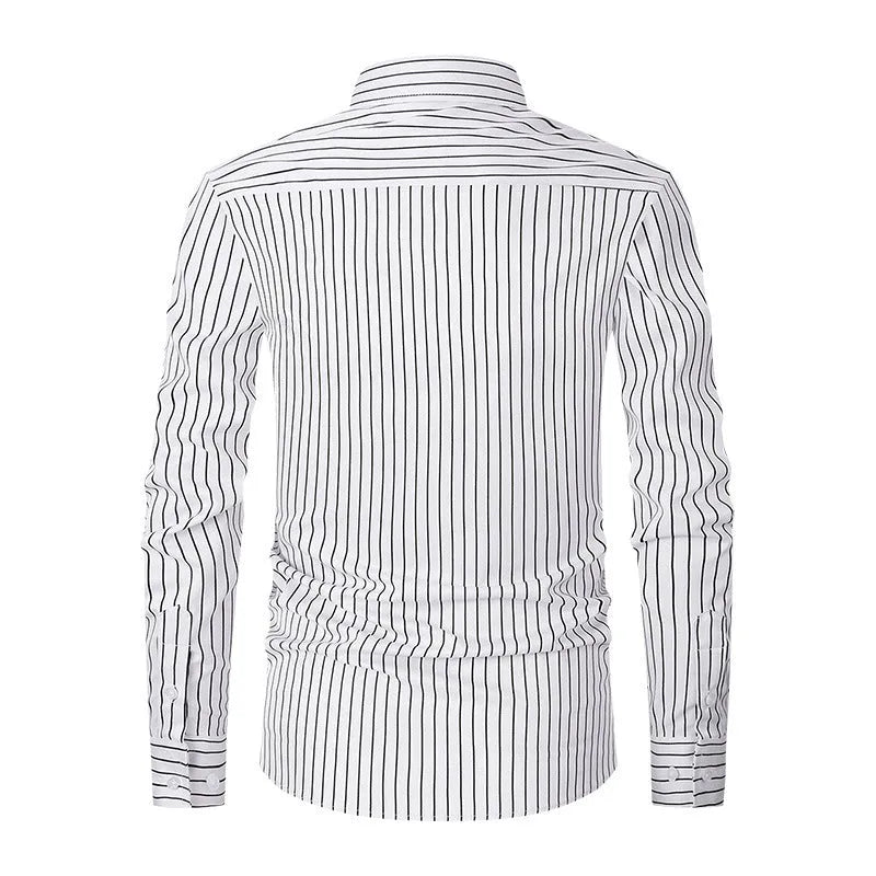 Man wearing a slim fit striped long sleeve cardigan shirt in blue and white.