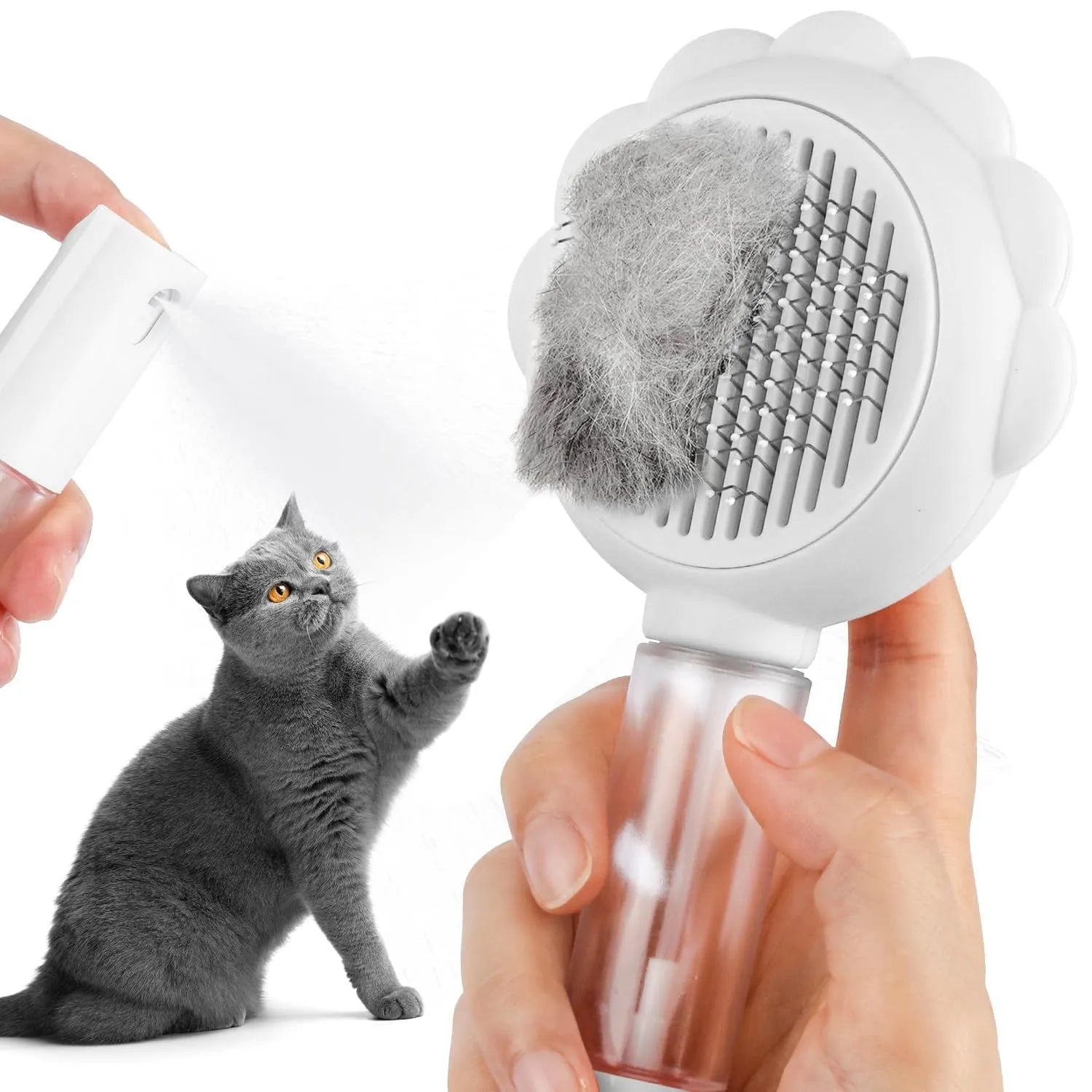 Grey spray cat grooming brush with self-cleaning button and stainless steel bristles on a white background