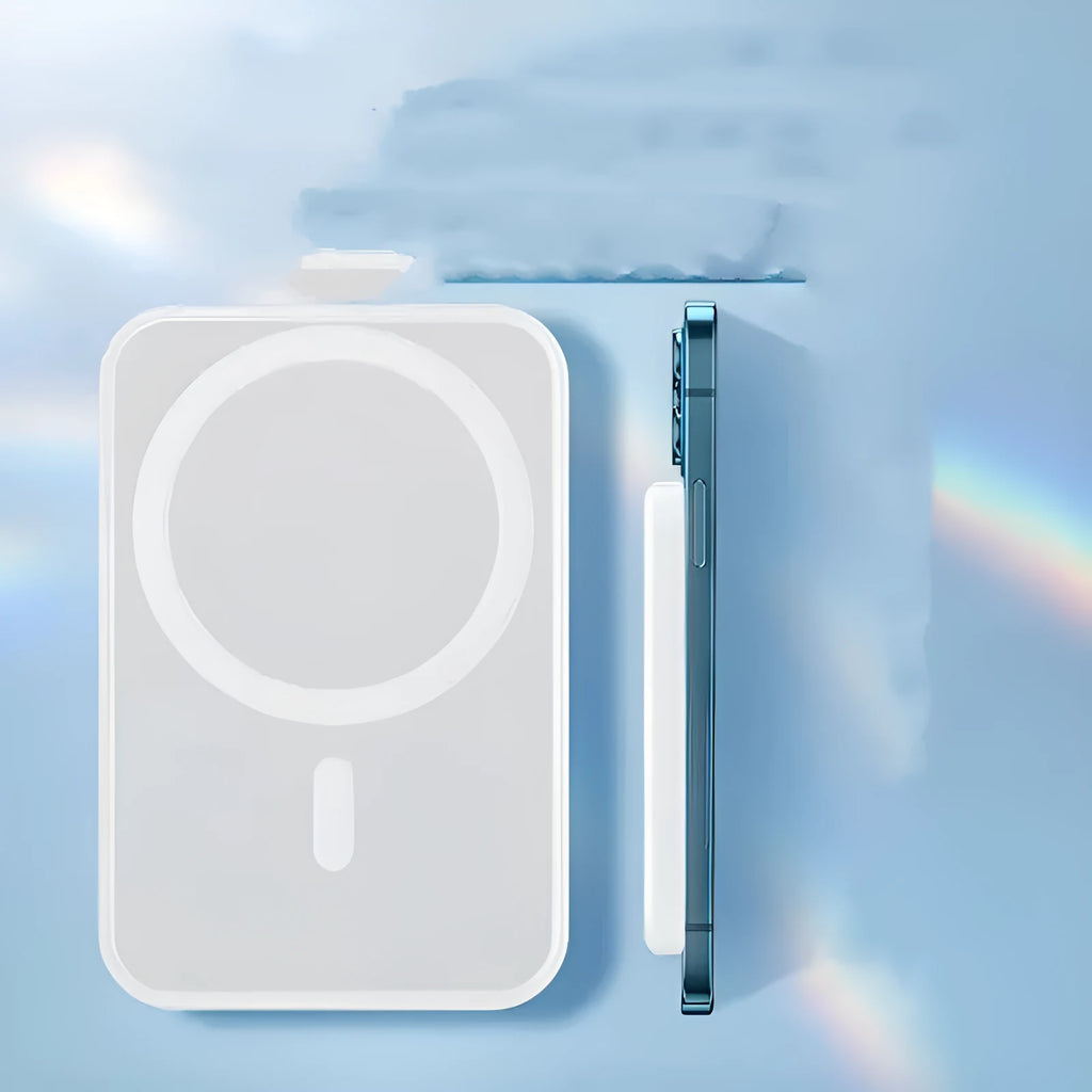 White magnetic wireless charger power bank showing compact dimensions and creative design