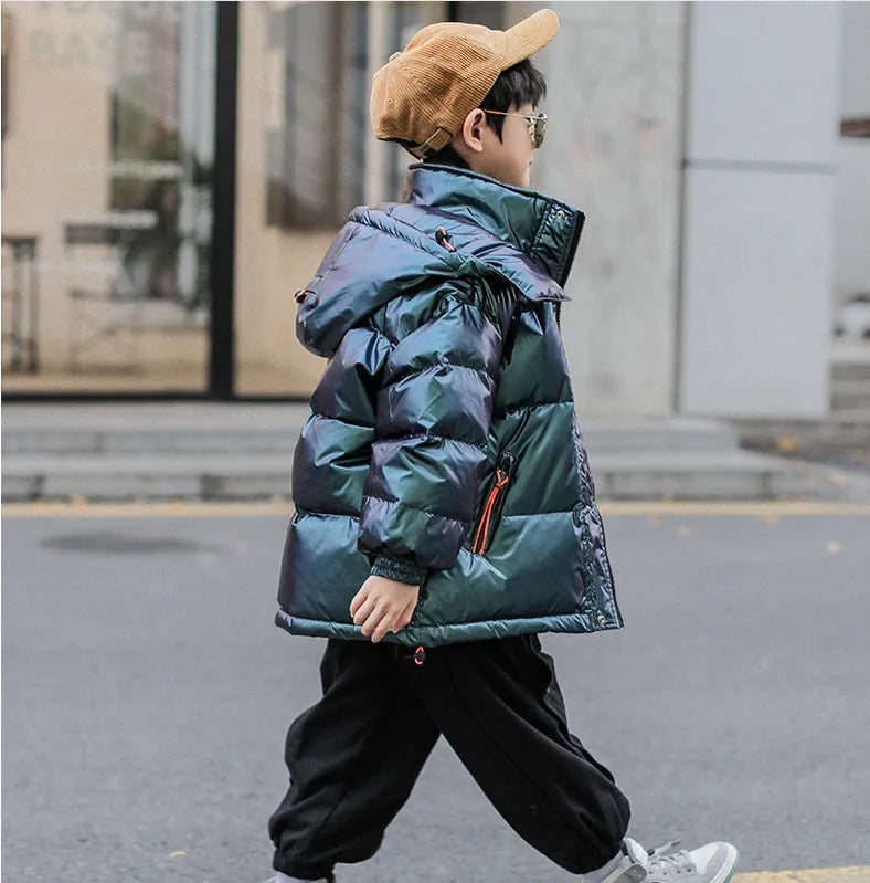 Thick winter white duck down jacket for boys, hooded Korean style, grey-green colour, front zipper closure