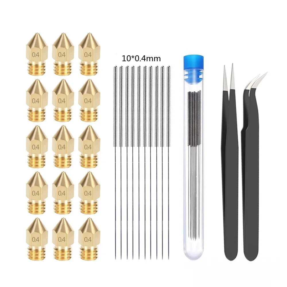 Brass MK8 3D printer nozzle and stainless steel cleaning pin set on a white background.