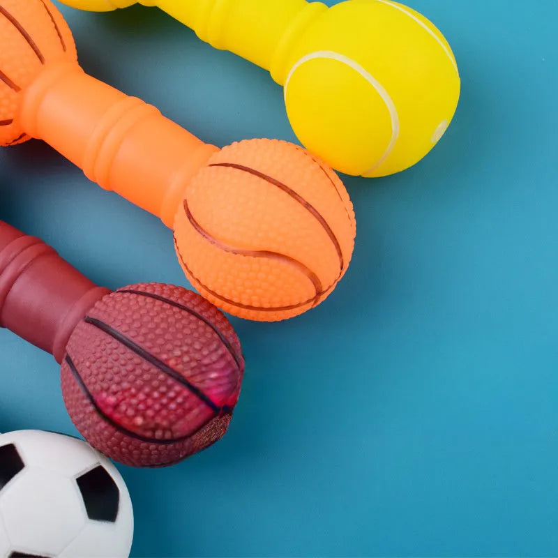 PVC dumbbell football shaped dog chew toy with squeaker in multiple colours