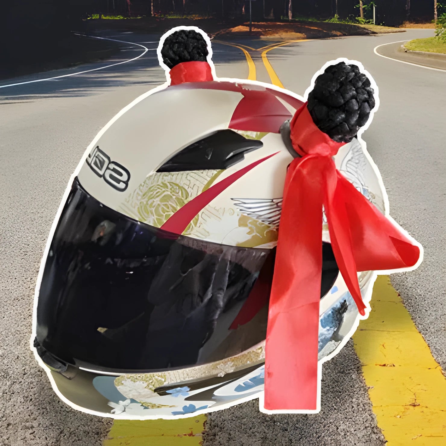 Pair of synthetic braid decorations and adhesive tube for customising motorcycle or ski helmets.
