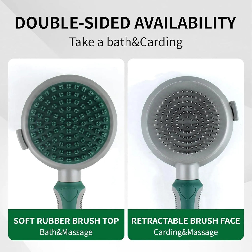 Green and pink two-sided silicone pet grooming brush with slicker brush and massage head on a white background