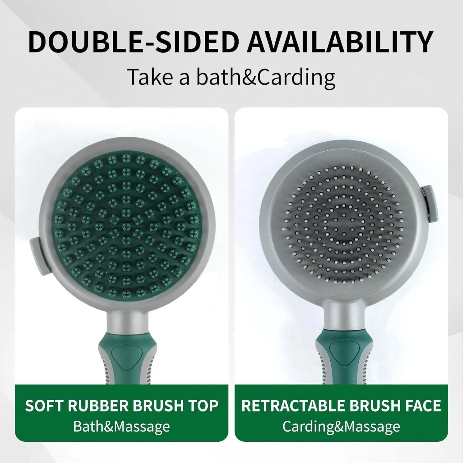 Green and pink two-sided silicone pet grooming brush with slicker brush and massage head on a white background