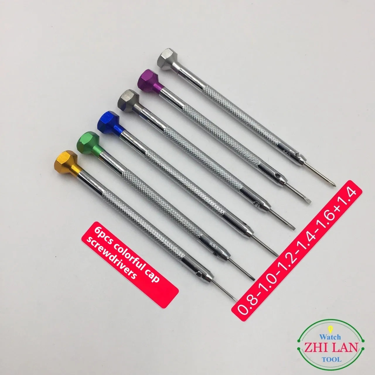 Six colour-coded watch repair screwdrivers with aluminium handles and copper grips for watch maintenance