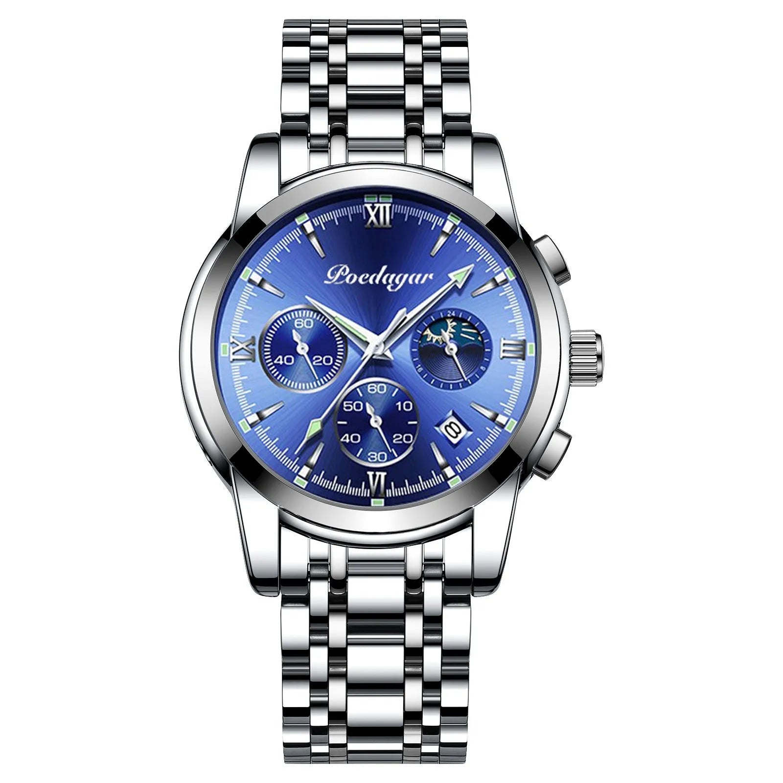 Multifunctional men's luminous waterproof quartz watch with stainless steel belt, silver case, and blue dial, 7mm thickness