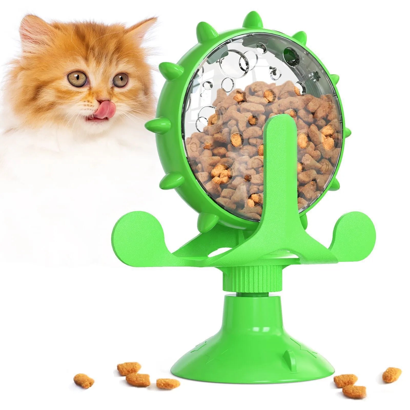 Interactive pet puzzle toy with spinner treat dispenser and suction cup base in multiple colours