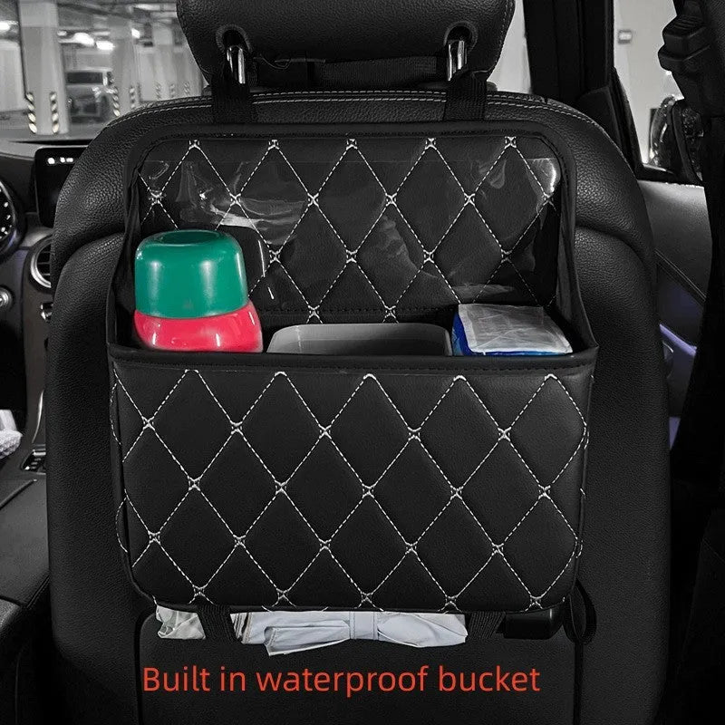 Leather hanging car storage bag and trash can in diamond lattice black or beige with waterproof function and handle