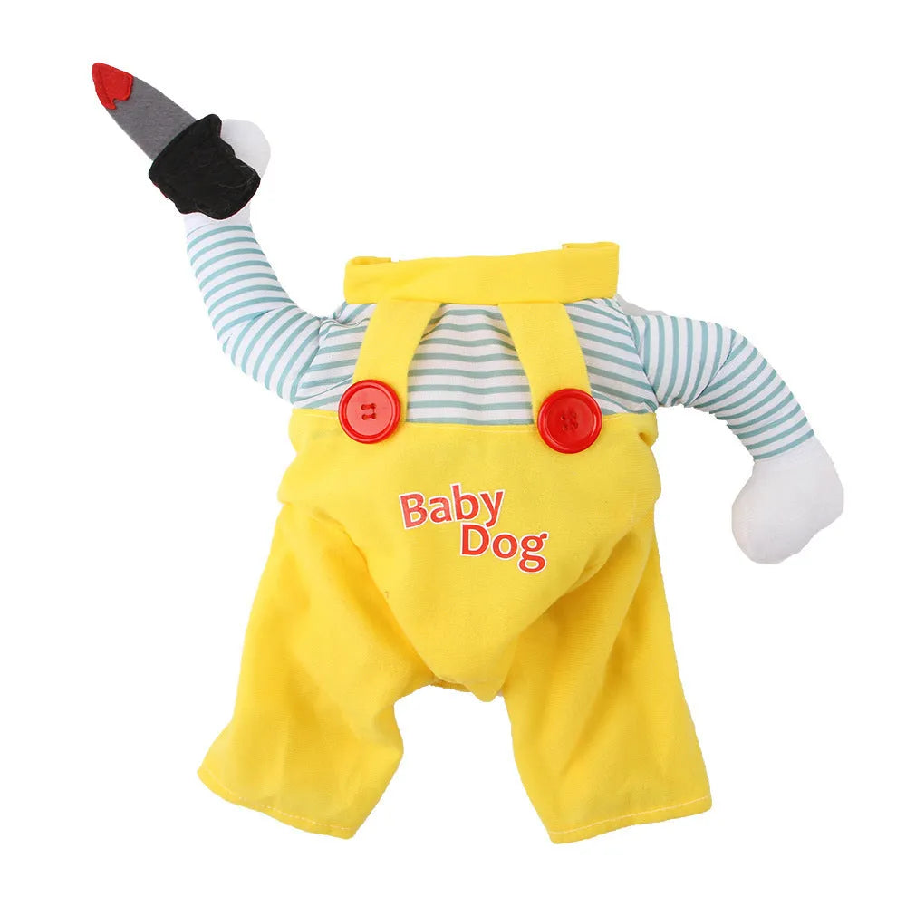 Yellow sword design cat costume in polyester, shown in S, M, L, and XL sizes.