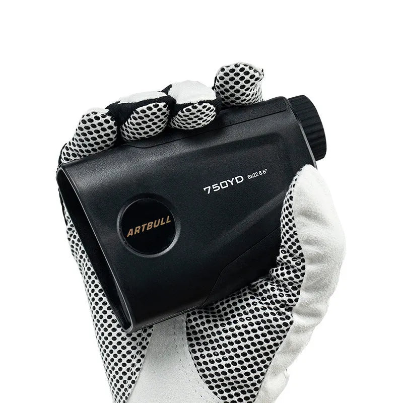 Golf laser rangefinder with 6x magnification lens showing LCD display with distance measurement