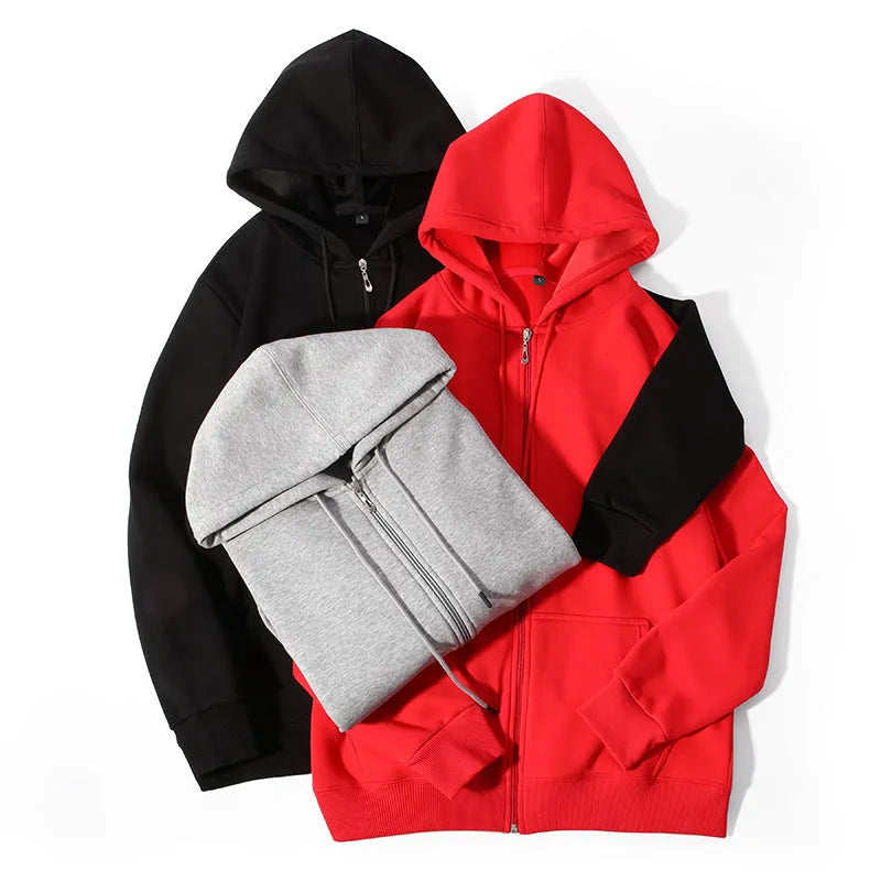 Man wearing a beige heavyweight cotton zipper hoodie with a hood and front pockets, showing loose fit.